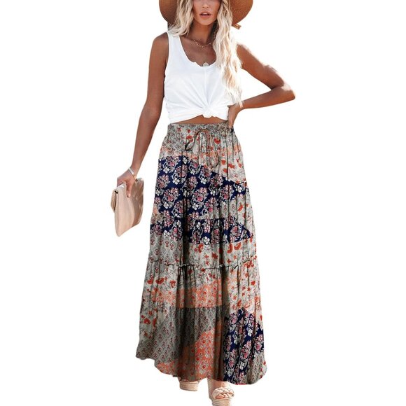 2024 Women's Summer Maxi Skirt - High Waist A-Line Boho Style with Pockets - Picture 1 of 5